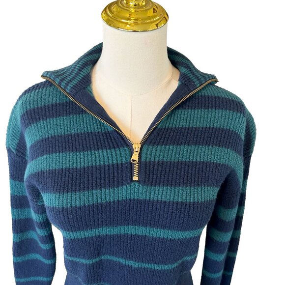 TRINA TURK Misty Zip Pullover Sweater in Size Large Navy Blue Teal Green Stripes - Picture 3 of 6